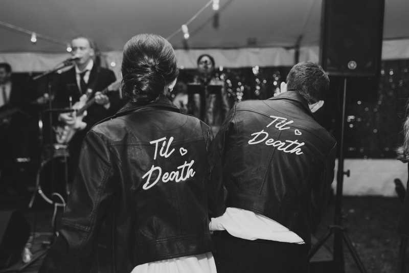 til death leather jackets on bride and groom