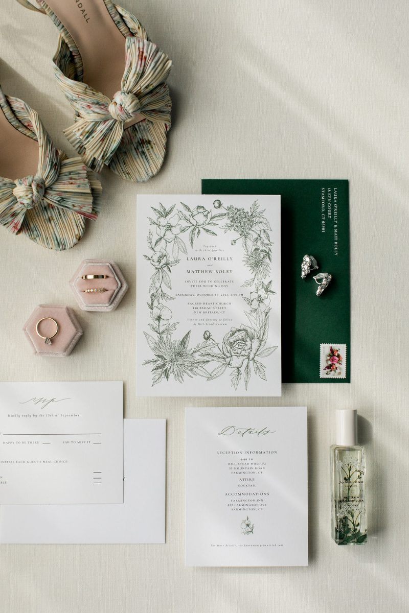 European inspired wedding shoes and emerald green wedding invitations