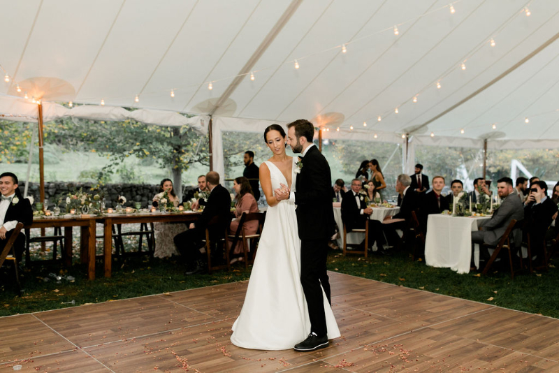 first dance under the tented wedding reception at Hill=stead Museum