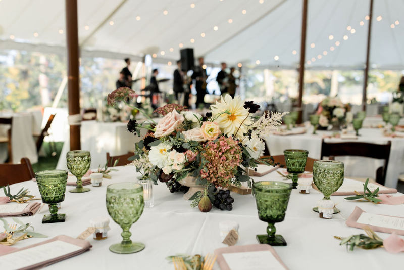 fall wedding tablescapes with green vintage glassware and blush linens