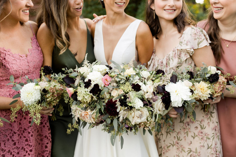 Bride and bridesmaid photos with sage green, blush, and florals